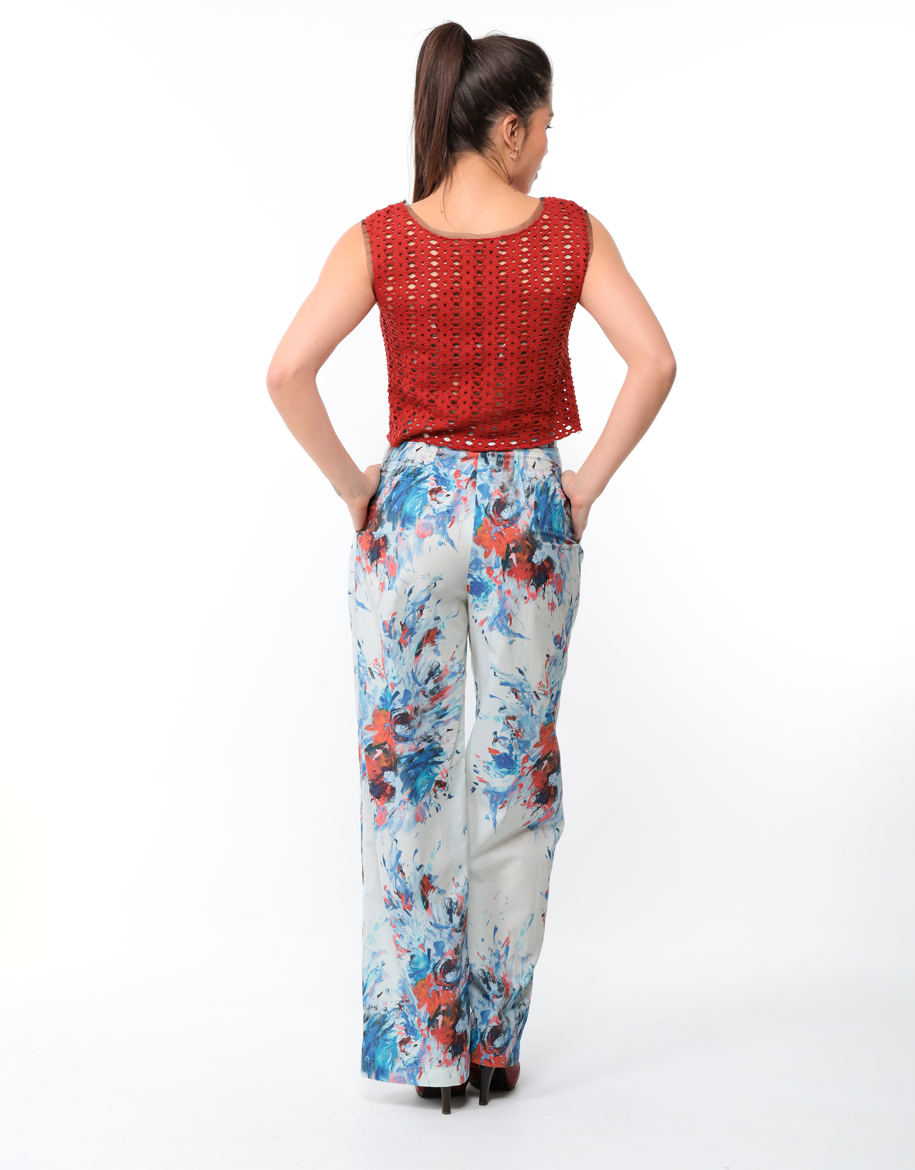 Pantalon à plis en voile de coton imprimé floral